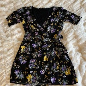 Black floral print short sleeve wrap style dress